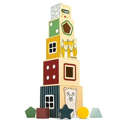 Immagine di HEJ LØNNE! Torre impilabile in Legno a Partire da 1 Anno Dadi impilabili per Lo Sviluppo di funzioni motorie e comprensione dei Numeri Regalo Bambino Un