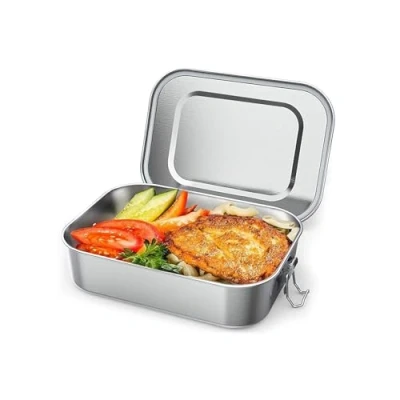 Immagine di OITUGG Lunch Box acciaio 2400ml Porta Pranzo per adulti, con 1 pezzo di divisorio rimovibile， Progettato fibbie a scatto e anello in silicone all&#039;interno dei coperchi, 24 x17 x7.7cm
