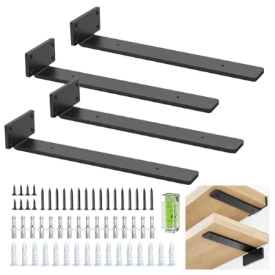 Immagine di Staffe mensole 4 pezzi da parete per scaffali reggimensola ferro nere a L in metallo resistente montaggio (Nero, 30 cm/12 pollici)