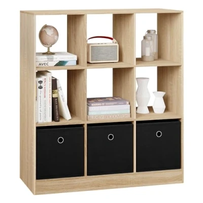 Immagine di WOLTU Libreria Scaffale, a 9 Cubi Portaoggetti, Scaffale in Legno con 3 Cassetti Tessuto Non Tessuto, per Soggiorno, Camera da Letto, Ufficio, Rovere Chiaro, 80x30x86,5 cm, SK041hei