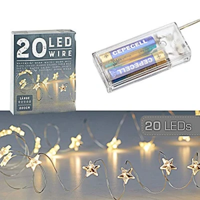 Immagine di Catena luminosa con micro fili, a forma di stella, colore bianco caldo, argento, batteria, illuminazione natalizia (1 x 20 LED stella)
