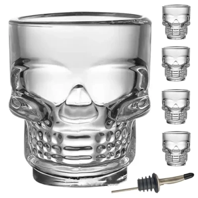 Immagine di FLX Set di 4 bicchierini da liquore Tequila, design teschio, in vetro trasparente, resistenti, 50 ml, adatti al congelatore