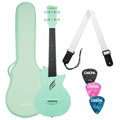 Immagine di CASCHA set per ukulele da concerto in fibra di carbonio, con 3 plettri, custodia, tracolla, ukulele, corde fluorocarbonio, piccola chitarra hawaiana principianti, menta