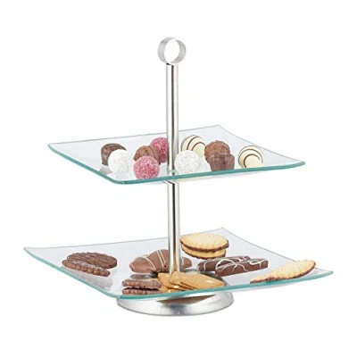 Immagine di Relaxdays Alzata a 2 Piani, Cucina, Quadrato, per Frutta, Biscotti &amp; Cupcake, Vetro, Acciaio, Trasparente, Argento