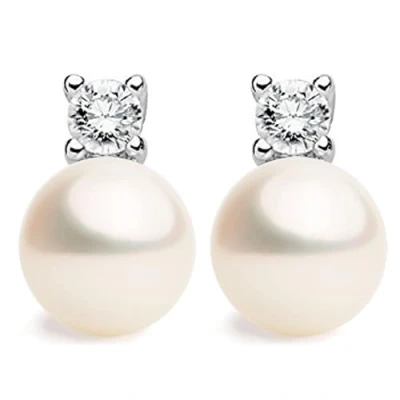 Immagine di Orecchini di Perle Coltivate d&#039;acqua dolce a forma Bottone 10 11 con piccoli Zirconi SECRET &amp; YOU. Design Tu ed Io Argento sterling 925 rodiato grandi dorsi o Omega B.