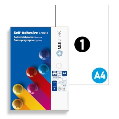 Immagine di MDlabels Etichette adesive universali, DIN A4, stampabili, bianche (210 x 297 mm, 100 etichette)