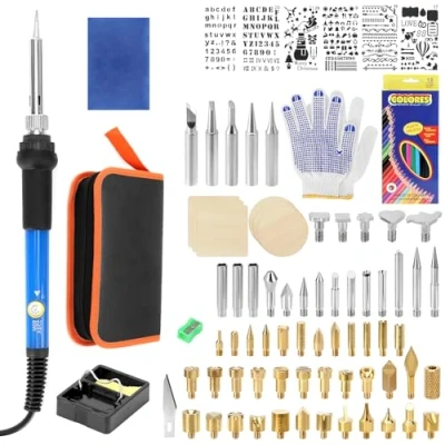 Immagine di QWORK® Kit pirografia su legno 110 pezzi, incisore da 60 W regolabile 180 480 C per incisione legno/pelle/cartone Include 53 punte di saldatura