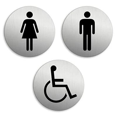 Immagine di Targhetta per Porta Toilette WC Donne Uomini Disabili Set di 3 Targa Ø 75 mm Alluminio spazzolato auto adhesiva