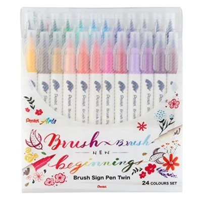 Immagine di Pentel SESW30C 24 Brush Sign Pen Twin, set di pennarelli con due punte flessibili, inchiostro a base d&#039;acqua, colori assortiti, confezione da pezzi