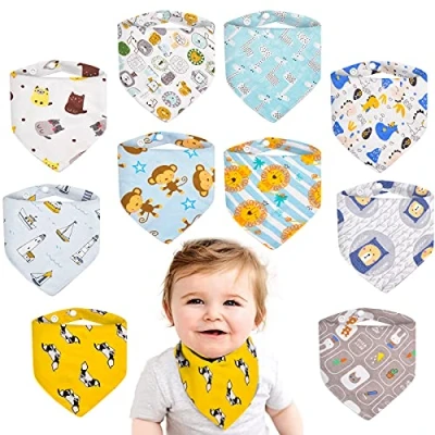 Immagine di MOLENKY Bavaglini Neonati Bandana con 2 Bottoni a Pressione, Set di 10，100% Cotone Bavaglino Neonato, Super Assorbenti &amp; Morbidi, Bambino Drool per Ragazzi e Ragazze