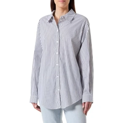 Immagine di Object Objtutta Lo L/S Maglietta Noos Camicia a Maniche Lunghe, Bianco/a Strisce: Nero, 40 Donna
