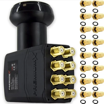 Immagine di PremiumX Octo LNB per 8 partecipanti Convertitore di segnale TV con protezione dalle intemperie satellitare digitale in nero, incluso 16 x connettori F DVB S2 8K UHD 4K Full HD