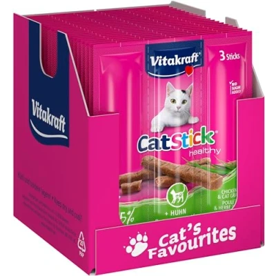 Immagine di Vitakraft Cat Stick Healthy, Snack per Gatti, Mini Bastoncini carnosi, con Pollo e Erba di Gatto, Aiutare la digestione, in Contenitore, Senza aggiunta Zucchero (20 x 3 Pezzi)