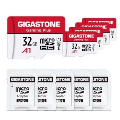 Immagine di Gigastone Scheda di memoria da 32 GB, confezione 5 schede, Gaming Plus Series, compatibile con Switch Dashcam GoPro, ad alta velocità fino a 90 MB/s. Micro SDHC A1 U1 C10 per DJI Drone Full