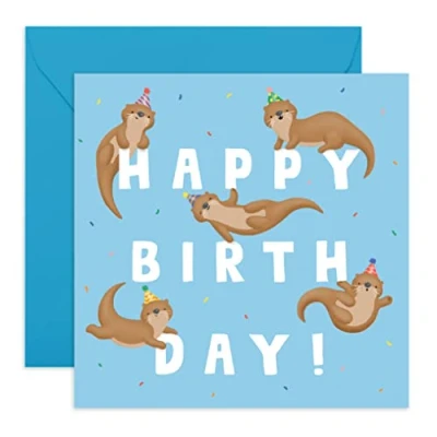 Immagine di biglietto di compleanno per ragazzo, con lettere e lontra, bambini, uomini donne, realizzato nel Regno Unito da Central 23, riciclabile