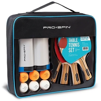 Immagine di PRO SPIN Ping Pong Set da Tavolo Portatile Kit Premium con Rete a Estensibile per Qualsiasi Tavolo, Racchette Pong, Palline e Custodia (Set 4 giocatori)