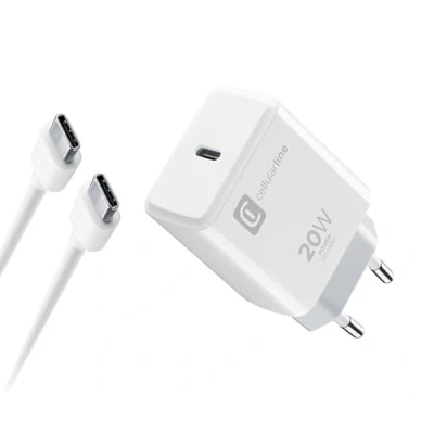 Immagine di Cellularline Charger Kit 20W For iPhone 15 Series formato da un Caricabatteria USB C + Cavo C, in grado di caricare tutta sicurezza i diversi modelli
