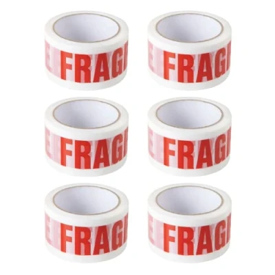 Immagine di 6 rotoli di nastro adesivo fragile per imballaggio, 48 mm larghezza e 66 metri lunghezza rotolo, resistente, multiuso, ideale spedizioni, traslochi stoccaggio, forte