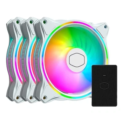 Immagine di Cooler Master MasterFan 3in1 MF120 Halo White Edition ARGB RGB Indirizzabili a Doppio Anello, Protezione Sensore Inceppo e Telaio Riduzione Vibrazioni, con Controller, Computer desktop