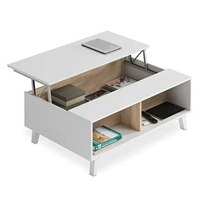 Immagine di Tavolino Alzante, Modello Zaiken Plus, Bianco Lucido e Rovere Canadese, Misure: 100 cm (Larghezza) x 38/48 (Altezza) 68 (Profondità)