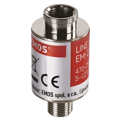 Immagine di EMOS Amplificatore satellitare Inline 20 dB (gamma di frequenza 470 790 MHz) per DVB T2, TV via cavo o antenne J5709 argento, 2 x 4,2 cm