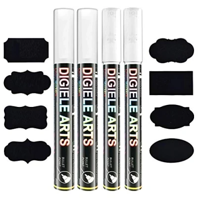 Immagine di DIGIELE Pennarello a gesso, 2 pennarelli gesso da 3 mm + pezzi in feltro liquido bianco 6 16 etichette, punta reversibile con fine o smussato, cancellazione panno umido asciutto