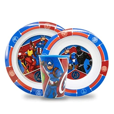 Immagine di Set di Stoviglie per bambini Avengers da pappe riutilizzabile con piatto, ciotola cereali e bicchiere colazione
