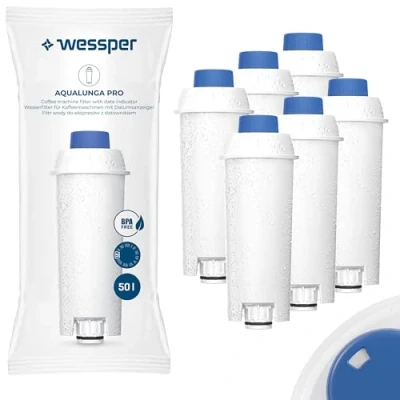 Immagine di Wessper Filtro Acqua Macchina da Caffè, Ricambio per Caffè DeLonghi DLSC002, SER3017, ECAN, ESCAM, ETAM, SECAM, Serie S, Cartuccia Data 6 Pezzi