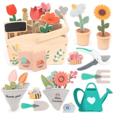 Immagine di umu® set da giardino in legno per bambini con accessori giocattolo bambini, di attrezzi ragazze e ragazzi, annaffiatoio, pala, rastrello, educativo a