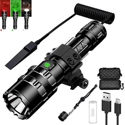 Immagine di Torcia tattica ricaricabile a LED,1600 lumen, super luminosa, per caccia,scout,coyote, maiale, predatore, con 5 modalità di illuminazione,con supporto Picatinny,interruttore pressione,Luce bianca