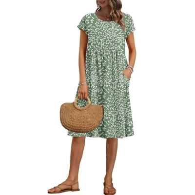 Immagine di AUSELILY Vestito Estivo da Donna a Maniche Corte Abiti Casual Larghi Abito al Ginocchio con Scollo Girocollo e Tasche