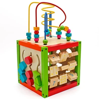 Immagine di BALINCO Motor Cube, Cubo di attività per Bambini, 5 Lati con Labirinto Perline, Abaco, Forme a pioli, Blocchi numerici, Scorrevole, Giocattolo in Legno Partire da 6 Mesi