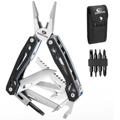 Immagine di Mossy Oak Pinza Multifunzione 22 in 1 con Impugnatura G10, 4 punte, coltello, righello, seghe per escursionismo, campeggio, riparazione borsa il trasporto Nera
