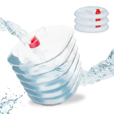 Immagine di Relaxdays Tanica da Campeggio Pieghevole, in Set 4, Recipienti con Rubinetto, Senza BPA, 15 L, Trasparente Rosso