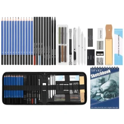 Immagine di MEIJMJIA YMTECH Set di 48 matite da schizzo e disegno, professionale con matita grafite a carbone, carta, temperamatite in astuccio per bambini adulti