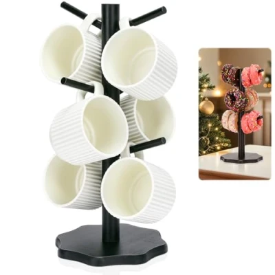 Immagine di Euqvunn Albero Porta Tazze Con 6 Ganci, Tazzine da Caffè Struttura Ad Supporto legno per Cucina Ristorante Bar,Albero Tazze(Nero)