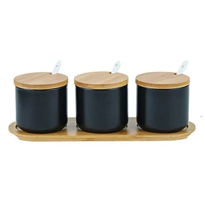 Immagine di OnePine 260ml Zuccheriera in Ceramica, Contenitore per spezie barattoli Rotonda con Coperchio e Cucchiaio, Design Elegante, Casa Cucina (Nero, Set Di 3)