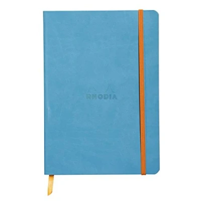 Immagine di RHODIA 117407C Taccuino flessibile turchese A5 a righe 160 pagine Carta Clairefontaine Avorio 90 g/m Segna pagina, Chiusura con elastico Copertina Simil Cuoio Collezione Rhodiarama