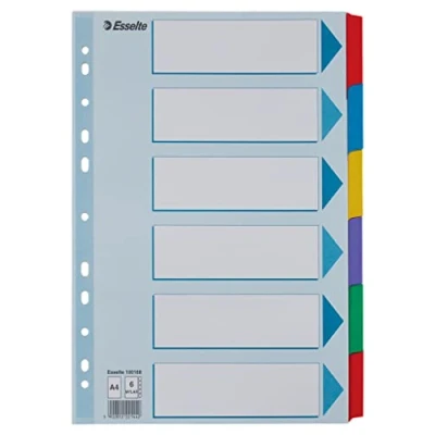 Immagine di Esselte Divisori per Raccoglitori con 6 Tasti, Formato A4, Blu/Multicolore, Cartoncino Robusto Riciclato, Tasti Pagina Indice, 100168