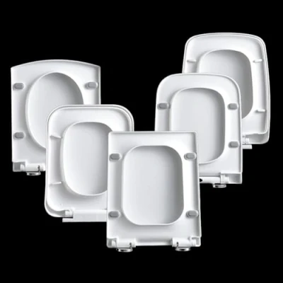 Immagine di Sedile WC quadrato con chiusura ammortizzata, sgancio rapido per una facile pulizia, resistente, in polipropilene, dimensioni standard, semplice fissaggio superiore (quadrato D)