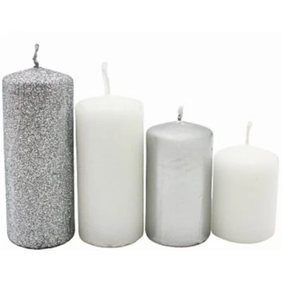 Immagine di candele a colonna più livelli, dell&#039;avvento, con corona in argento e bianco, 4 misure H 5 10 cm, diametro cm ciascuna, 280 gr