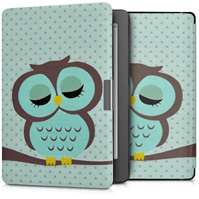 Immagine di kwmobile Custodia eReader Compatibile con Kobo Aura Edition 2 Cover eBook Reader Flip Case turchese/marrone/menta Civetta dormiente