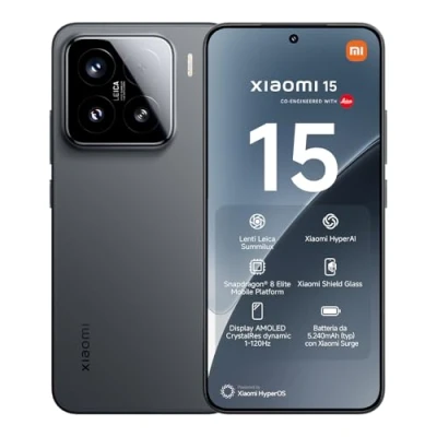 Immagine di Xiaomi 15 (Smartphone), 12+512GB, Nero, Lenti Leica Summilux, Fotocamera principale da 50MP, Batteria 5.240mAh, Ricarica HyperCharge 90W, HyperAI (Caricabatterie non incluso)