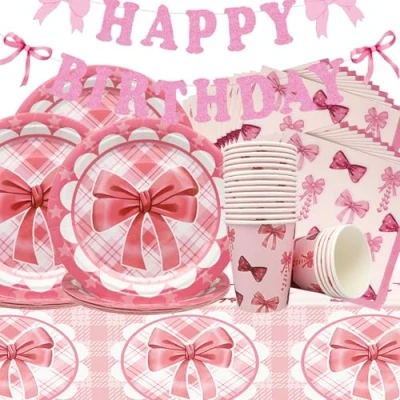 Immagine di Servizio da Tavola per festa con Fiocco Rosa,Stoviglie la di Compleanno delle ragazze,Stoviglie feste Piatti Tazze Tovaglioli Tovaglie Perfetti Matrimoni,Baby Shower