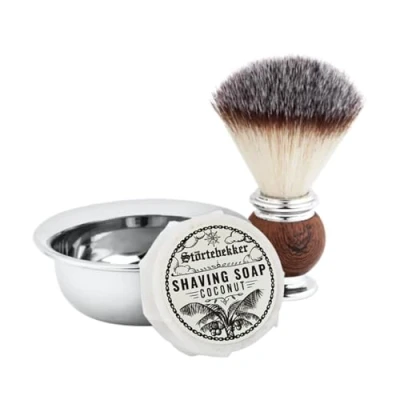 Immagine di Störtebekker Shaving Accessories Set di pennelli da barba con ciotola in acciaio inox e sapone (diversi tipi) per uomo preparazione alla rasatura (Cocco)