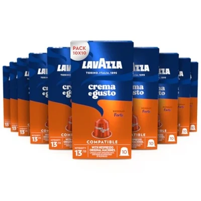 Immagine di Lavazza, Crema e Gusto Forte, 100 Capsule in Alluminio Compatibili con Macchine Nespresso Original, Note di Cacao Legno, Arabica Robusta, Intensità 13/13, Tostatura Scura, 10 Confezioni
