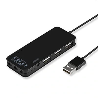 Immagine di Hub USB 2.0 2 in 1 a 3 Porte + Adattatore per Scheda Audio 7.1, Splitter Multiporta con Cuffie e Microfono, Mac, Android, Tablet PC (Nero)