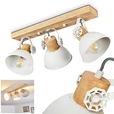 Immagine di Plafoniera Orny, lampada da soffitto in metallo/legno bianco/marrone, 3 luci, con faretti regolabili, x attacco E27, faretto dal design retro/vintage, senza lampadina/e