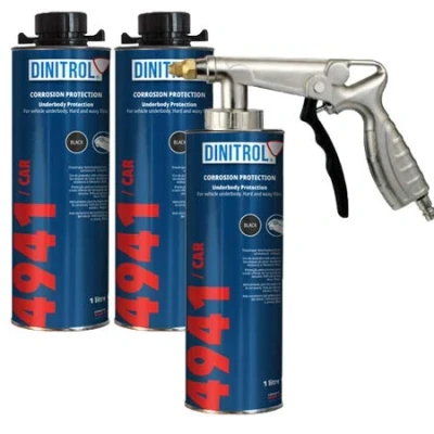 Immagine di Dinitrol 4941 Underbody cera (nero) 3 x 1 litro lattine (con tappo a vite Schutz Style) e Style Spraygun