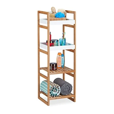 Immagine di Relaxdays Scaffale Bagno, 4 Mensole, Design Aperto in bambù, Libreria, Cucina, HLP: 110x36x33 cm, Aspetto Legno/Bianco